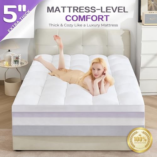 Image of SINWEEK Dual Layer 5 Inch Memory Foam Mattress Topper Queen Size, 2 Inch Gel Memory Foam Plus 3 Inch 1450 GSM Down Alternative Quilted Pillow Top Mattress Pad Cover, White