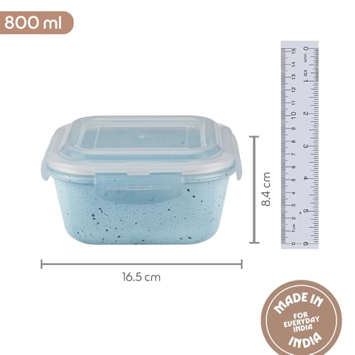 Image of Borosil 800 ml Blue Food Storage Container with Air Tight Lid | Square Shape Borosilicate Glass Organiser | Microwave & Dishwasher Safe | For Fridge, Kitchen Storage