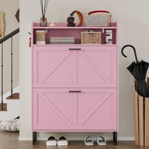 Image of BORNOON Shoe Cabinet with 2 Flip Drawers Narrow Shoe Storage Cabinet Organizer Wooden Freestanding Rack Hidden Slim Storage for Entryway, Hallway, Living Room, Bedroom