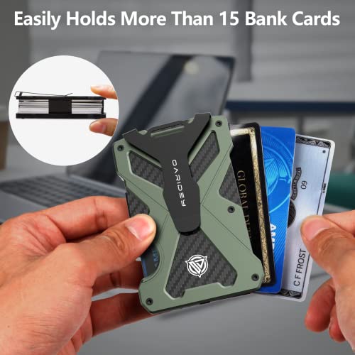 Minimalist Wallet For Men- Slim Aluminum Metal Money Clip Wallet With Clear Id Card Holder, Carbon Fiber Wallet, Rfid Blocking, Holds Up 15 Cards With Cash Clip, Ultra-Thin Tactical Wallet-Army Green #TOP4