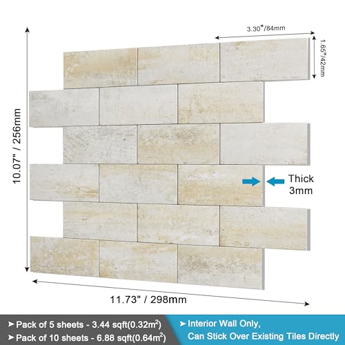 BeNice 3D Self Adhesive Wall Tiles Kitchen Mosaic Tile Stickers Travertine Stone Effect Bathroom Waterproof Peel and Stick(Blue Yellow Rust,10sheets)