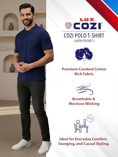 Image of Lux Cozi Men's Polo T-Shirt Regular Fit Half Sleeves with Pocket | Cotton Blend Polo Neck Collar T-Shirt for Men | Casual, Office Comfortable Breathable T-Shirt | Stylish Plain Tee