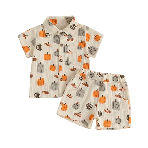 Toddler Baby Boy Halloween Outfit Pumpkin Cotton Linen Button Down Short Sleeve Shirt and Shorts 2 Piece Clothes Set