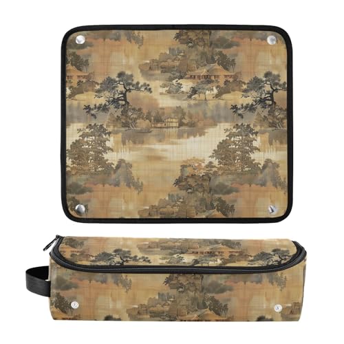 Bolsa de viaje para herramientas de cabello para mujeres con funda con base para plancha y organizador impermeable para plancha alisadora, rizadora y accesorios de cuidado del cabello, marrón con pintura china de paisaje portátil miniatura 3