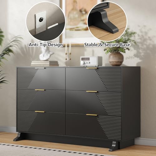 Image of Gyfimoie 47.24 inch Wide Dresser for Bedroom, 6 Drawer Black Dresser with Fluted Design & Gold Metal Handle, Chest of Drawers with Sturdy Base, Wood Dressers for Bedroom, Living Room, Hallway