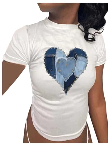 Women's Heart Graphic Tees Short Sleeve Crewneck Crop Tops Fitted Summer Y2K Clothes