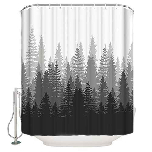 Dark Grey Foggy Forest Silhouette Shower Curtain, Gradient Pine Tree Nature Woodland Waterproof Fabric Shower Curtain Set With 12 Hooks Bathroom Curtains For Men Home Hotel Holiday Decor, 72"W X 72"L #TOP1