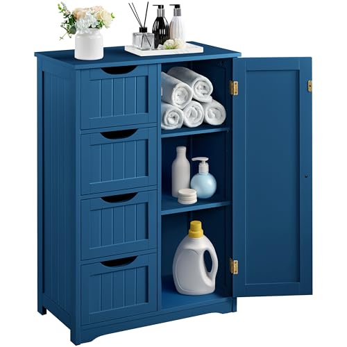 Yaheetech Wooden Bathroom Floor Cabinet, Side Storage Organizer Cabinet with 4 Drawers and 1 Cupboard, Freestanding Entryway Storage Unit Console Table, Bathroom Furniture Home Decor, Navy Blue