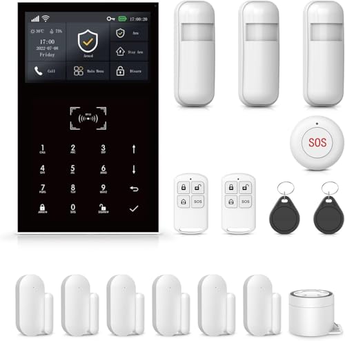 PGST Allarme Casa Senza Fili 8 Pezzi - 4.3 Touch /4G/WiFi/GSM/GPRS, Espandibile con 99 componenti, antifurto casa wireless con Timer, Voce, SMS e Push,Nessun Canone Mensile, App Tuya/Smart Life/Alexa