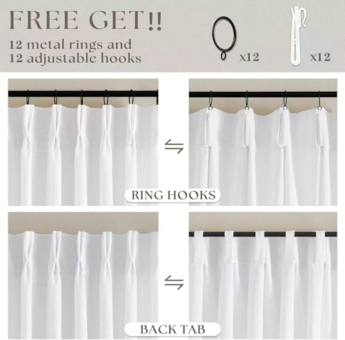 Image of TWODRAPES 60 Inch Width Curtains 90 Inches Long Linen Curtains Pinch Pleated 90 Inch Length for Living Room Bedroom White Semi Sheer Back Tab Hooks Rings Pinch Pleat for Patio Glass Door 1 Panel