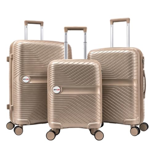 RYDR 3 Piece Suitcase Set PP Hard Shell Luggage Set with Wheels — 20” Cabin Carry On, 24” Medium & 28” Large Suitcases, Lightweight Hand Luggage Suitcase with TSA-Style Lock & Spinner Wheels (Khaki)