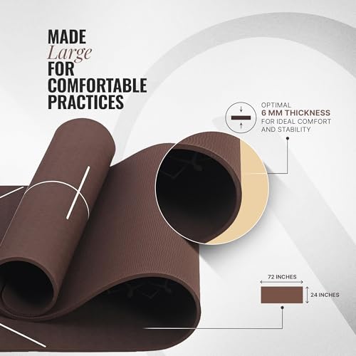 Image of Wiselife True Body Alignment Yoga Mat + Sleek Yoga Strap For Men And Women | Non-Slip Textured Extra Wide & Thick | Pro Balance Eco-TPE Exercise Mat For Home, Pilates, Gym & Fitness (6MM,BROWN)