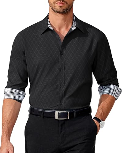 COOFANDY Mens Dress Shirt Long Sleeve Regular Fit Business Casual Button Down Black, Large