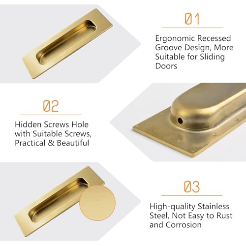 Image of MOROBOR 2pcs Square Bright Gold Flush Pull Recessed Finger Pulls, Length Sliding Door Handles Concealed Handle Stainless Steel Cabinet Pulls for Wardrobe Drawer