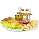 White Ceramic & Bamboo Wood Party Platter Serving Set - Cheese Board, Knife & Fork, 4 Hors d'oeuvre Picks