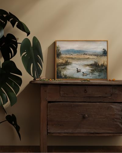 Image of ARPEOTCY Vintage Framed Canvas Wall Art, 12x16inch, Farmhouse Mallard Duck Pond Wall Decor, Country Art Prints Home Decorations, Landscape Paintings for Living Room Bedroom Shelf Decor