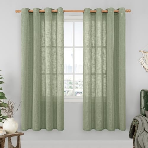 Image of LAMIT Sage Green Linen Curtains 78 Inches for Living Room, Bronze Grommet Linen Textured Farmhouse Curtains Light Filtering Drapes for Bedroom /Dining Room, Set of 2, 52 x 78 Inch