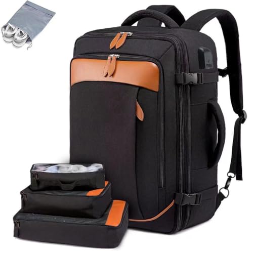Mochila de Viagem Expansível 40L Impermeável com 3 Organizadores, Impermeável, Porta USB, para Notebook, Trabalho e Escola, Masculina, Feminina, Viagem Avião (Preta)