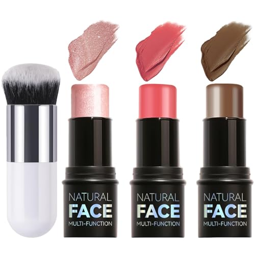 3 Pezzi Contouring Viso Stick, Contouring Viso Stick Blush Highlight con Pennello da Trucco, Contour Highlighter, Bronzer Blush, Lunga Tenuta, Impermeabile