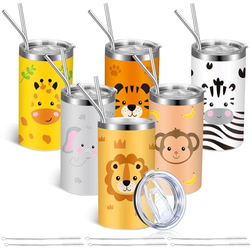 Skylety 6 Packs Safari Jungle Animal Cups Bulk 20 oz Safari Tumblers Animal Decorations Cups with Lid Straw for Birthday Party Favors Holiday Classroom Prizes Gifts Exchange