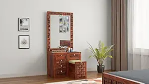 WOODNETIC Solid Wood Dressing Table for Bedroom with 2 Drawer, Mirror, Huge Storage Space and Shelf Honey Finish