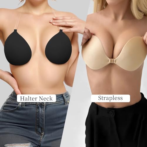 Image of Invisible Adhesive Push-Up Bra Sticky Strapless Bra with Clear Halter Strap