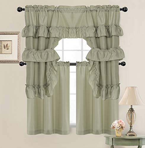 GoodGram Country Farmhouse Living Solid Colored Cafe Kitchen Curtain Tier & Swag Valance Set - Assorted Colors (Sage Green)