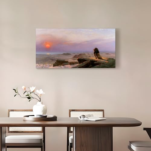 SERIMINO Large Wall Art, Landscape Wall Art, Sunset Painting Canvas Prints, Animal Lion Vintage Artwork, Desert Scenery Farmhouse Wall Decor Living Room Bathroom Bedroom 20x40 Inch