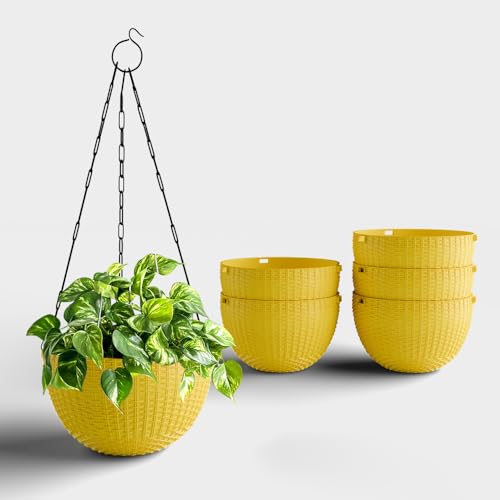 Image of YUCCABE ITALIA SHERA URO-Basket Plastic Flower Pot with Drainage Holes Round Planter Pot Suitable for Inddor Outdoor Kitchen (Yellow, 6 INCH - 6 Pcs)