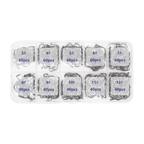 UCEC 500pcs Fishing Hooks Set Freshwater Saltwater High Carbon Steel 10 Different Sizes Small Fishing Hooks in a Plastic Box for Catfish Trout Bait Fishing Color Black