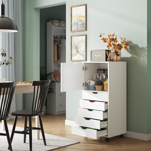 Image of DEVAISE Wood File Drawers, Mobile Office Cabinet with 5 Drawer and 1 Door, Rolling Filing Drawer for Home Office, White