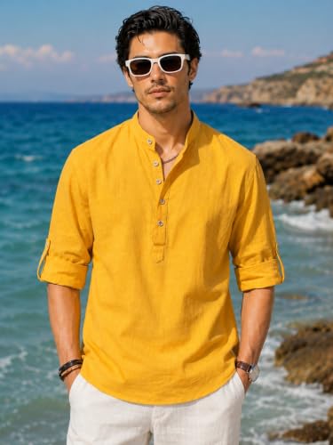 Image of Majestic Man Men's Pure Cotton Solid Mandarin Collar Slim Fit Roll-Up Sleeves Short Kurta Lightweight Summer Kurta for Daily & Occasion Use