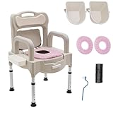 32.6 in H Bedside Commodes Chair, Portable Toilet Chair W/Pu-Coated Double-Bucket + Brush + Trash Bags + Motion-Sensor Light, Height Adjustable Commode Toilet for The Elderly, Disabled. (Grey White)