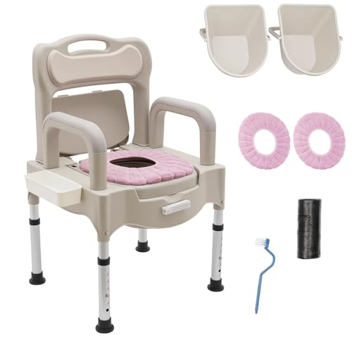 32.6 in H Bedside Commodes Chair, Portable Toilet Chair W/Pu-Coated Double-Bucket + Brush + Trash Bags + Motion-Sensor Light, Height Adjustable Commode Toilet for The Elderly, Disabled. (Grey White)