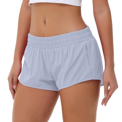 Aurefin Lightweight Athletic Shorts for Women, Quick Dry Running Shorts with Zip Pocket and Liner Womens Gym Workout Shorts Pastel Blue M