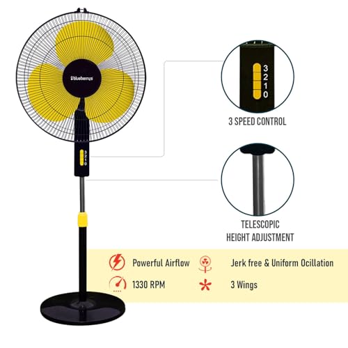 Image of Blueberry's High-Speed Oscillating Pedestal Fan, 3-Adjustable Fan Speeds, Rust Resistant Body, Adjustable Length, RPM 2200, 400-mm Sweep Length (Yellow)