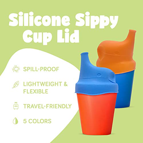 Silicone Sippy Cup Lids (5 Pack) - Elephant Silicone Spout Makes Cup into Spill-Proof Sippy Cup for Babies and Toddlers