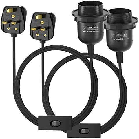 KEAGAR Pendant Light Ceiling Lighting Fitting, E27 Lamp Holder Suspended Pendant Light Fitting Kit, 3 Core Cable Plug with On/Off Switch - (Black, 3m) - 2PCS Cover