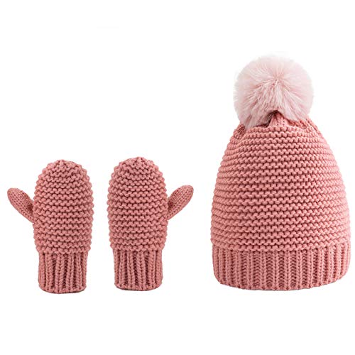 Felenny Baby Kleinkind Hüte Handschuhe Set für 0-3 Jahre Babys Baby Winter Gestrickt Pompon Mütze Und Fäustlinge 3 Stück Pompon Kappe Unisex Kleinkind Hut Kit Cover