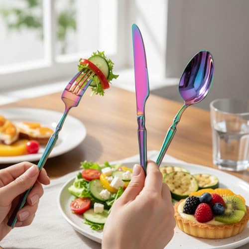 Image of 30 Pcs Rainbow Cutlery Set for Dining Table the Perfect Lightweight Silim Handle Tableware Including Dinner Spoon, Dinner Fork, Dinner Knife, Dessert Spoon & Dessert Fork