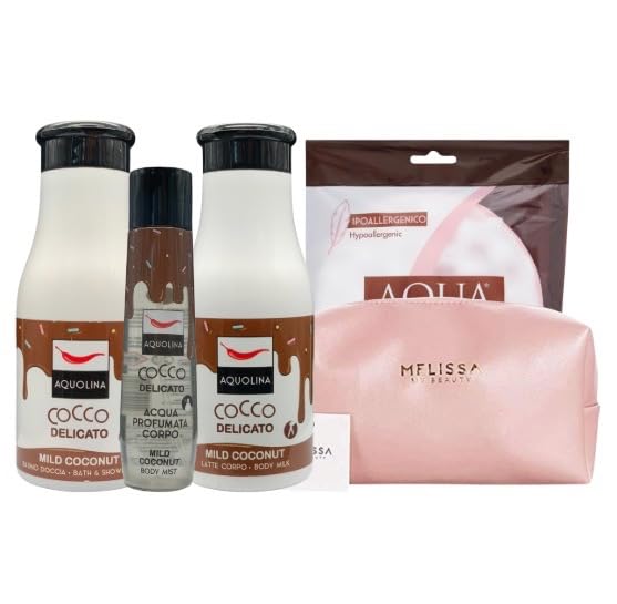 YESHI SET A-QUOLINA COCCO: BAGNO SCHIUMA 250ML + LATTE CORPO 250ML + PROFUMO 150ML + MELISSA POCHETTE + SPUGNA (COCCO)
