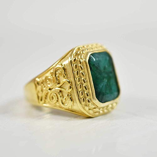 925 Yellow Gold Sterling Silver Ring, Octagon faceted, Emerald Conundrum gemstone, Handmade, Natural Gemstone, dragon, Men's wear, Party wear jewelry