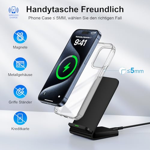 15W Wireless Charger Stand Induktive Ladestation for Samsung Galaxy S24 Ultra/S24/S23/S22/S21/S20, Google Pixel 8 Pro/8/7/7 Pro/6, Wireless Charging Station Handy Kabelloses Ladegerät für iPhone 15/14 – Bild 6