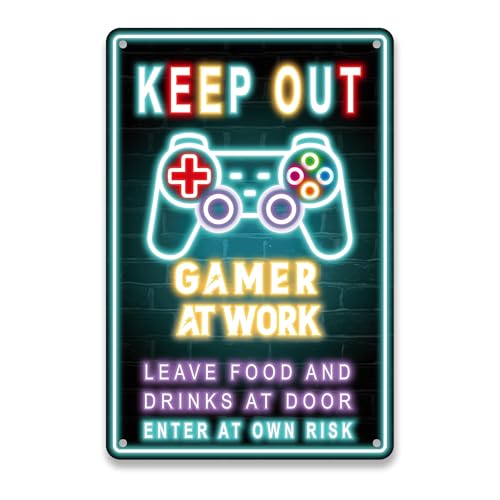 Schild mit Aufschrift "Keep Out Gamer at Work", lustig, wasserdicht und rostfrei, Neonfarben, für Schlafzimmer, Türschild, Wanddekoration, Geschenk für Teenager, Jungen, Freund, 30,5 x 20,3 cm