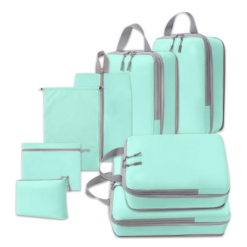 White Hawk 8-Pcs Compression Packing Cubes for Suitcases – Waterproof Diamond Polyester, No Mesh, Space-Saving Luggage Organiser, Travel Bags for Suitcases, Backpacks & Carry-Ons (Aqua)