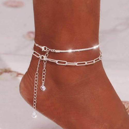 Image of Yalice 925 Sterling Silver Ankle Bracelets for Women Dainty 14K Gold Plated Anklets Set Shiny Waterproof Ankle Chain Cross Beach Foot Jewelry Gifts