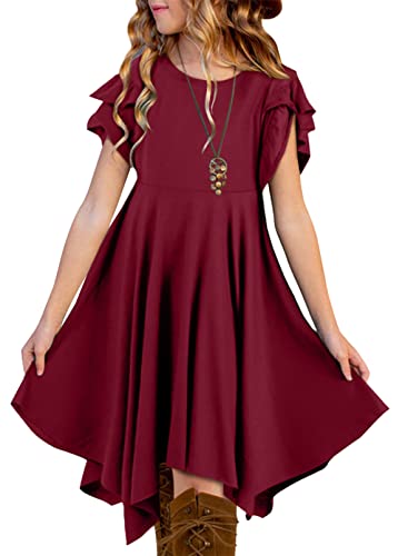 blibean Tween Girls Summer Dress Boho Short Sleeve Dresses Cute Clothes High Low Outfits Teen Trendy Clothing Size 10-11 Years Old Burgundy Red