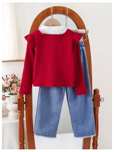 Image of GORGLITTER Girl's 2 Piece Outfits Ruffle Trim Long Sleeve Sweater Cherry Embroidered Jeans Red and Blue 7Y