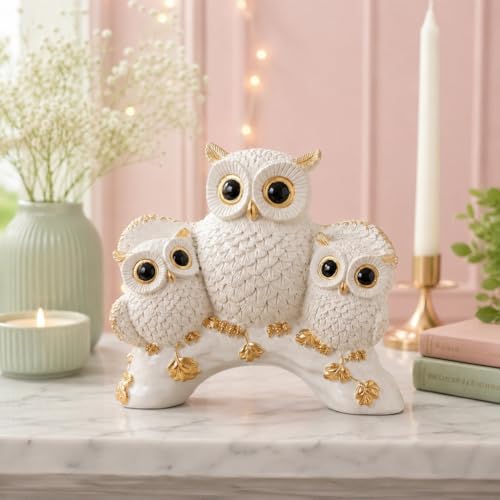 Image of Amazon Basics Charming Owl Family Figurine for Home & Office Decor | Artistic Ceramic Owl Showpiece for Living Room, Shelf, Study Table & Entrance Styling (White & Gold)