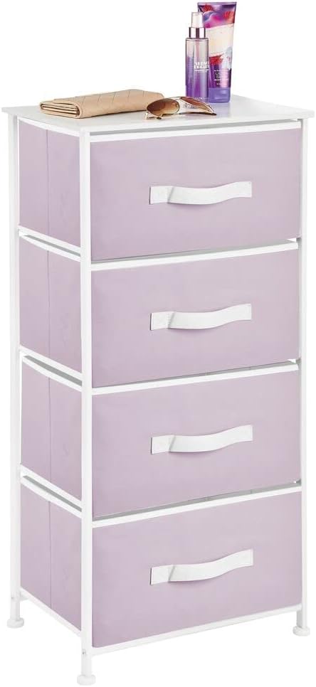 Best Deal Cheap 🛒 mDesign Tall Dresser Storage Tower Stand - Sturdy Steel Frame, Wood Top, 4 Drawer Easy Pull Fabric Bin - Organizer for Bedroom, Hallway, Entryway, Closet - Textured Print - Light Purple/White